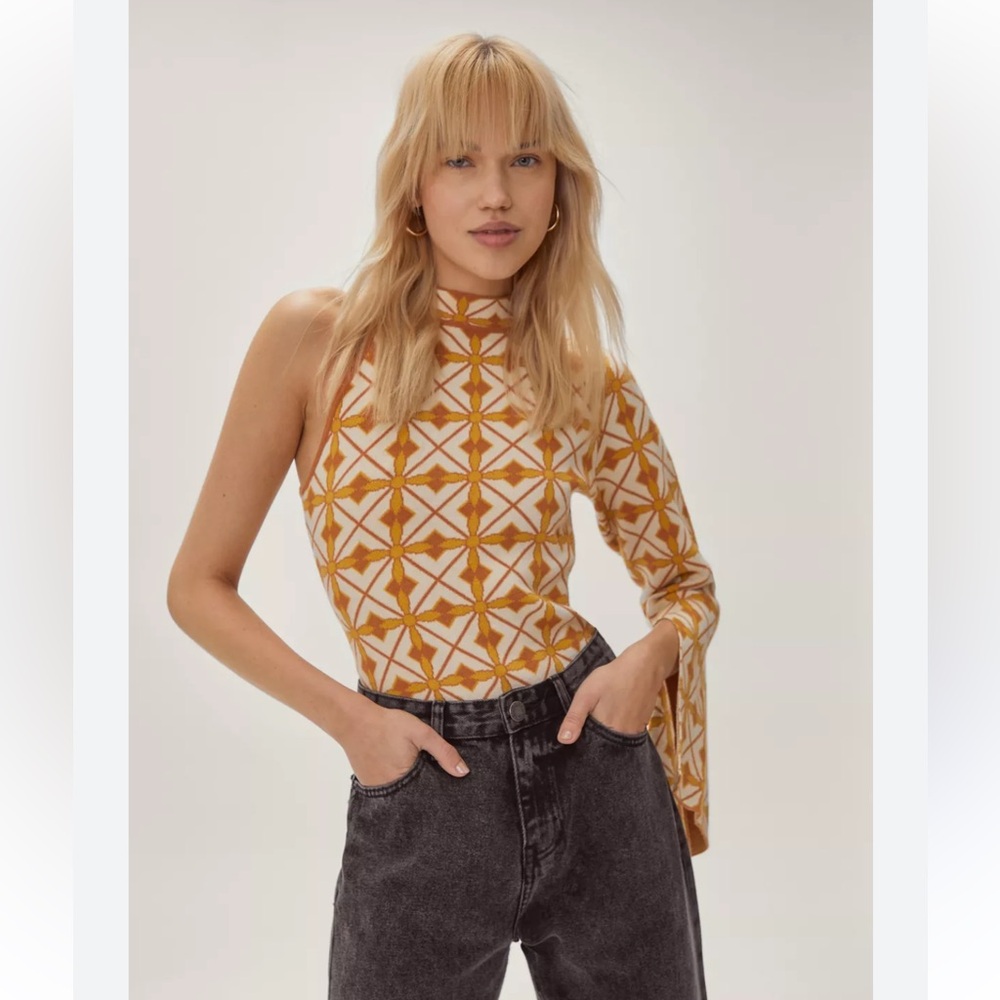 Nasty Gal Vintage Pattern One Shoulder Knitted Bodysuit US 10